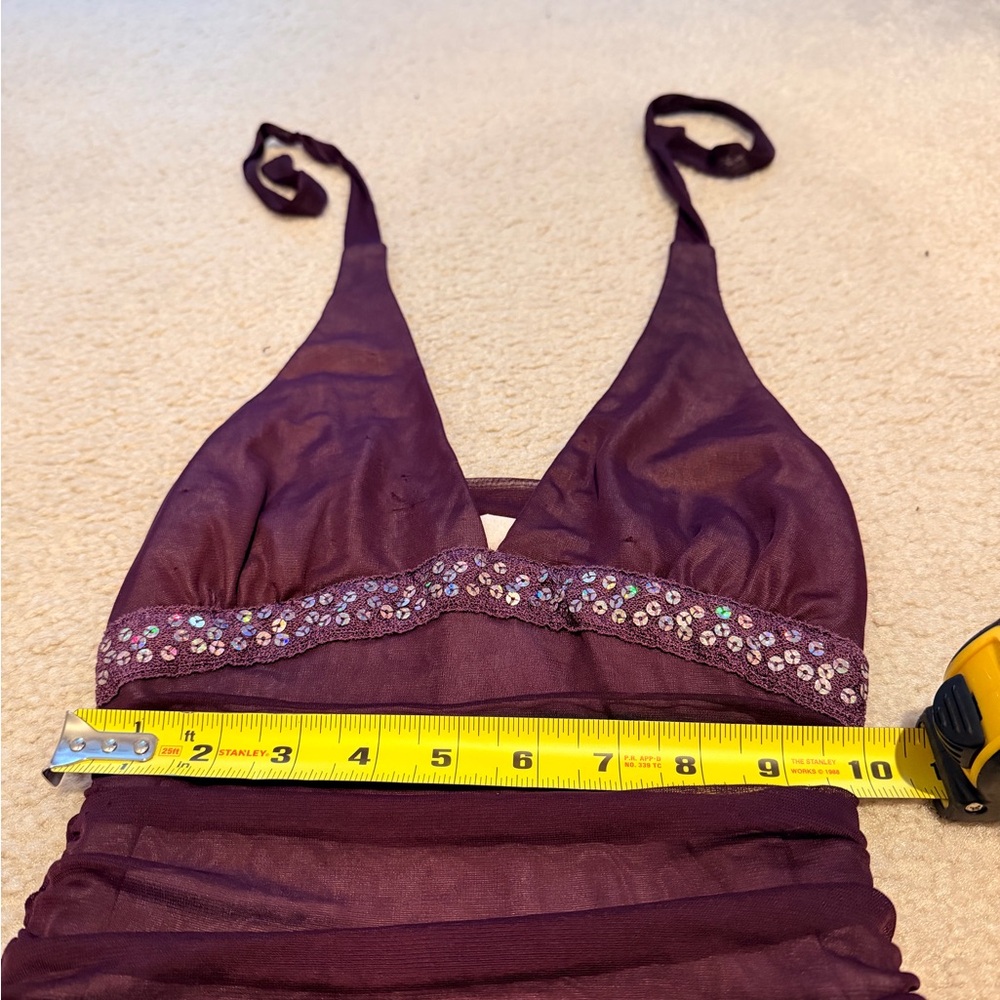 Plum Halter Cocktail Dress Ruffle Hem Beaded Waist Y2K Party Medium - Picture 15 of 16